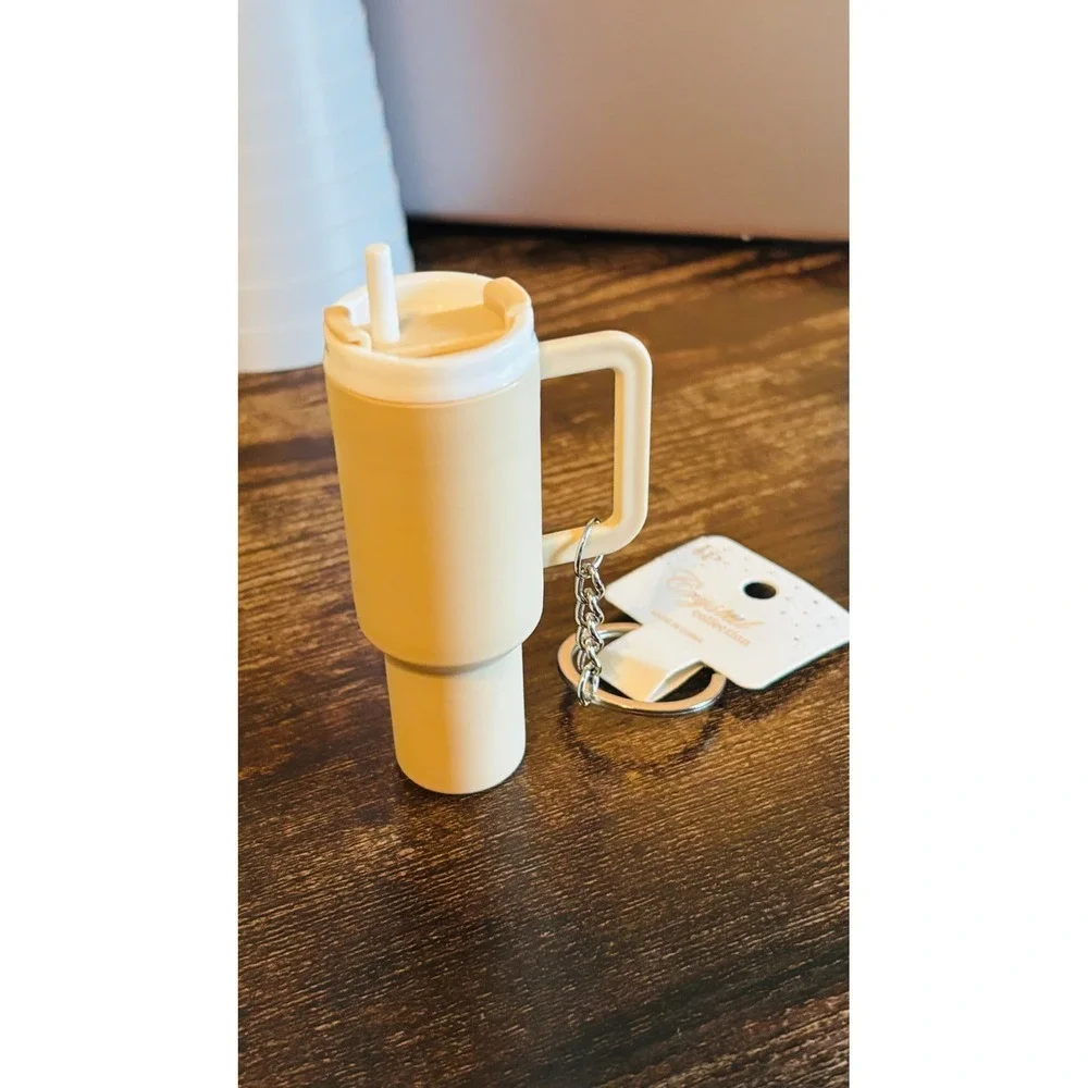 Mini Tumbler Keychain Beige Matte Cup Charm with Straw and Handle New